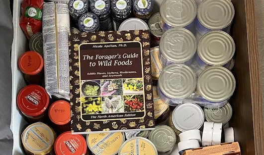 The Forager's Guide to Wild Foods resting on an emergency food pantry of canned goods
